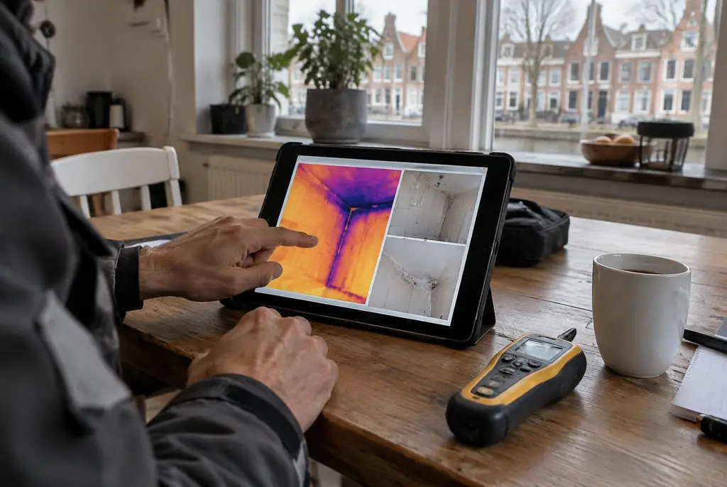 Lekdetectie Linschoten – lekdetectierapport met warmtebeelden en foto's op een tablet