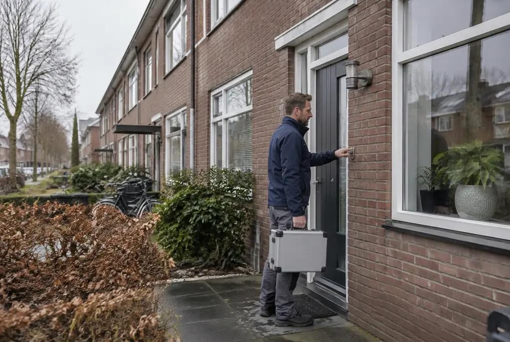 Lekdetectiespecialist met meetkoffer bij de voordeur van een woning in Linschoten